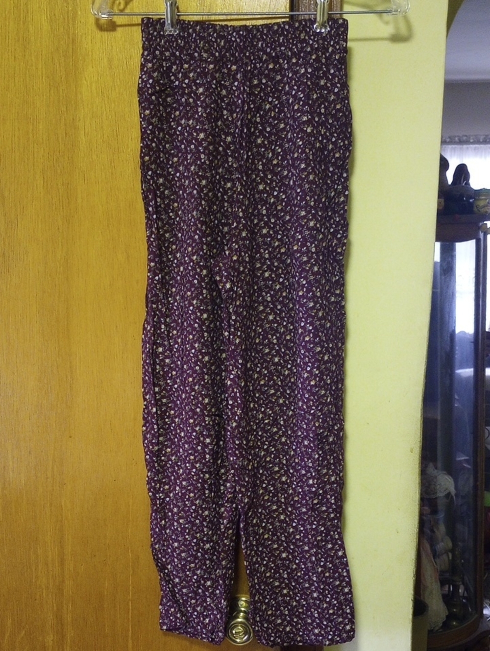 SWAT Burgundy Floral Rayon Vintage Pants, Elastic Waist, Medium 10/12 Green Gold